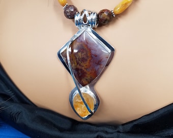 Plume Agate and Carnelian druzy Sterling bead necklace 453