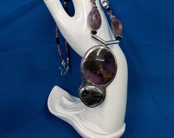 Purple Sage Agate and Black Tektite sterling bead necklace 491