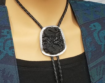 Obsidian Carved Dragon one of a kind sterling silver bolo tie 145