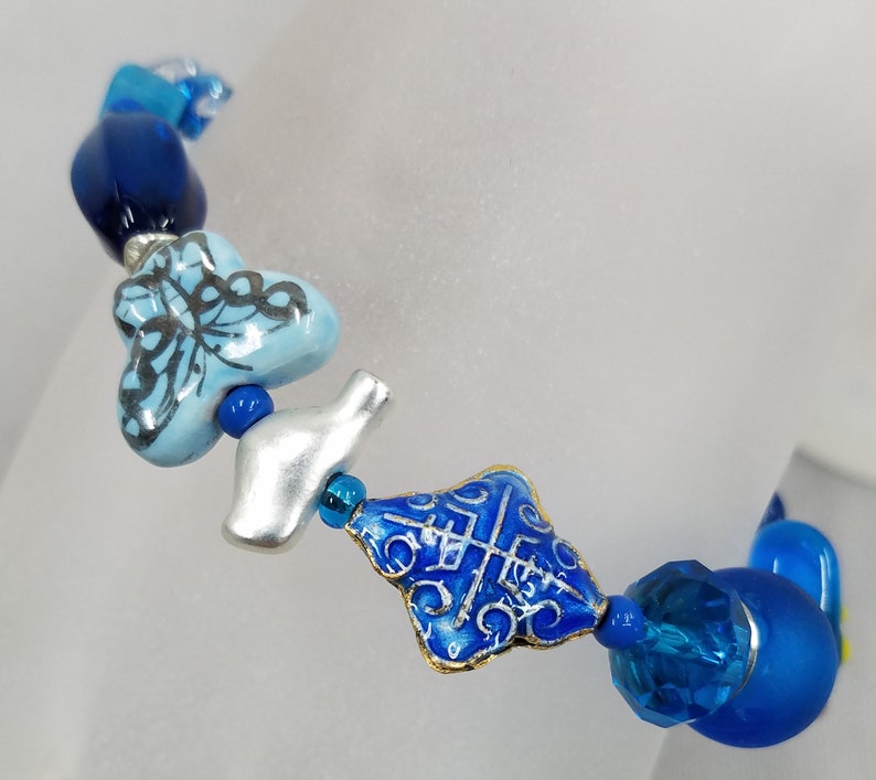 Lamp work glass birdhouse Blues Bracelet 34
