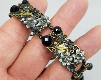 Antique gold and silver toned metal and black glass Bracelet 82