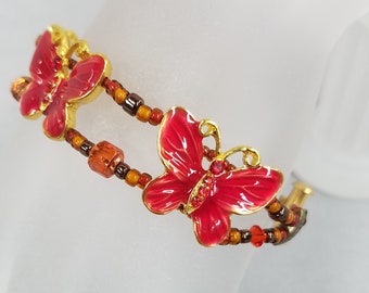 Enameled metal red-orange Butterflies Bracelet 61