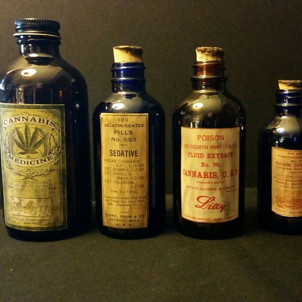 4 Vintage Style Cannabis  Medical Bottles Handcrafted by Artist