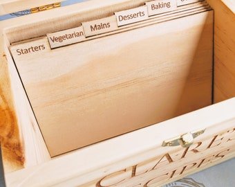 Recipe Box / Personalised Cooks Box with Recipe Dividers A6 Card Size Wood Timber Handmade, Christmas, Birthday, Anniversary, Mothers Day