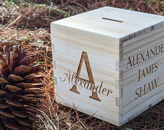 LARGE Pine Money Box / Personalised Newborn Gift / Baby Piggy Bank Wood Timber Handmade Laser Engraving, Birthday, Anniversary, Xmas