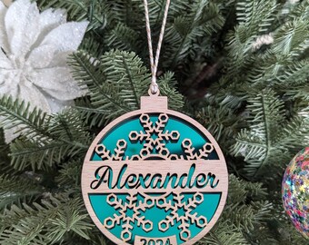 Christmas Bauble Ornament Mirror Acrylic or Solid Acrylic Colour and Plywood- Personalised Name and Year - Xmas Tree decoration Wood