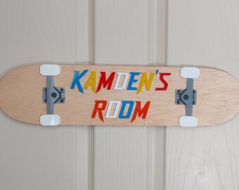 Skateboard Door Sign Personalised Wall Decor - Kids Room - Made from Plywood and Acrylic - Gift Present Idea - Wall Hanging