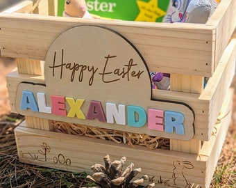Large Personalised Easter Crate / Hamper / Basket - Cute Plaque Design with 3D Acrylic Name