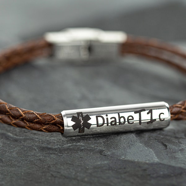 Medical Alert Bracelet mens, leather diabetic bracelet for men, husband, father. Medical ID Bracelet, Awareness Bracelet, Layering Bracelet