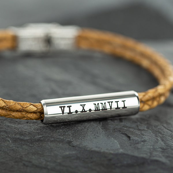 Men's Personalized Bracelet. Men's Custom Engraved Bracelet. Personalized Leather Roman numerals Bracelet. Boyfriend Gift, Husband Dad