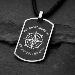 Custom Coordinate Necklace for Men, Latitude Longitude Necklace, Custom Leather Necklace. Gift for Dad, Husband, Boyfriend