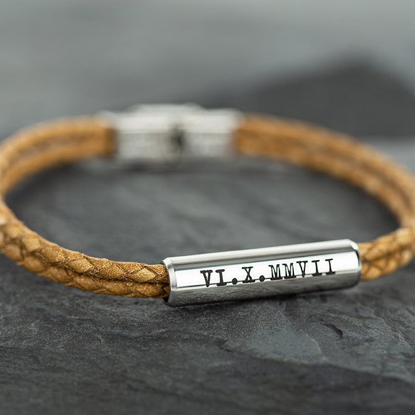Customized Roman numerals bracelet, personalized engraved Roman numeral date bracelet, engraving anniversary gift for Husband men father