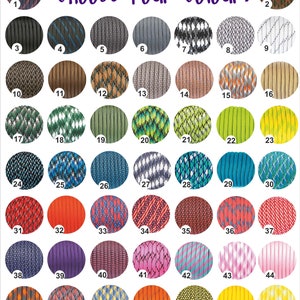 May include: A chart of 51 different colored paracord options. Each color is displayed in a circle with a number from 1 to 51.