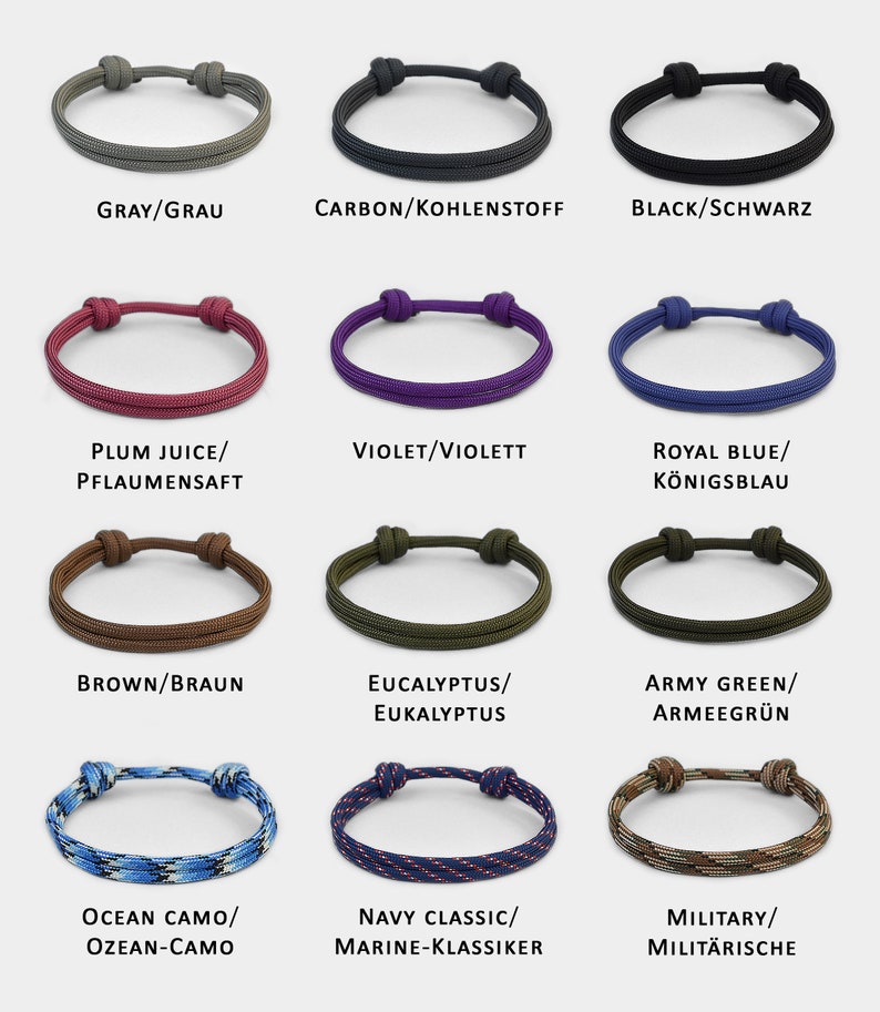 Pu&ograve; includere: Un set di 12 braccialetti in paracord di vari colori e motivi, tra cui grigio, nero, viola, blu, marrone, verde, mimetico e blu navy. I braccialetti sono realizzati in paracord resistente e presentano un design a nodo.