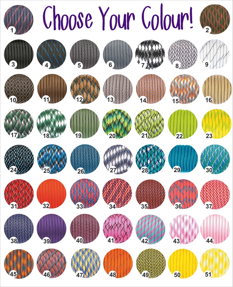 May include: A chart of 51 different colored paracord options. Each color is displayed in a circle with a number from 1 to 51.