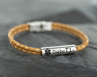 Medical Alert Bracelet mens, leather diabetic bracelet for men, husband, father. Medical ID Bracelet, Awareness Bracelet, Layering Bracelet