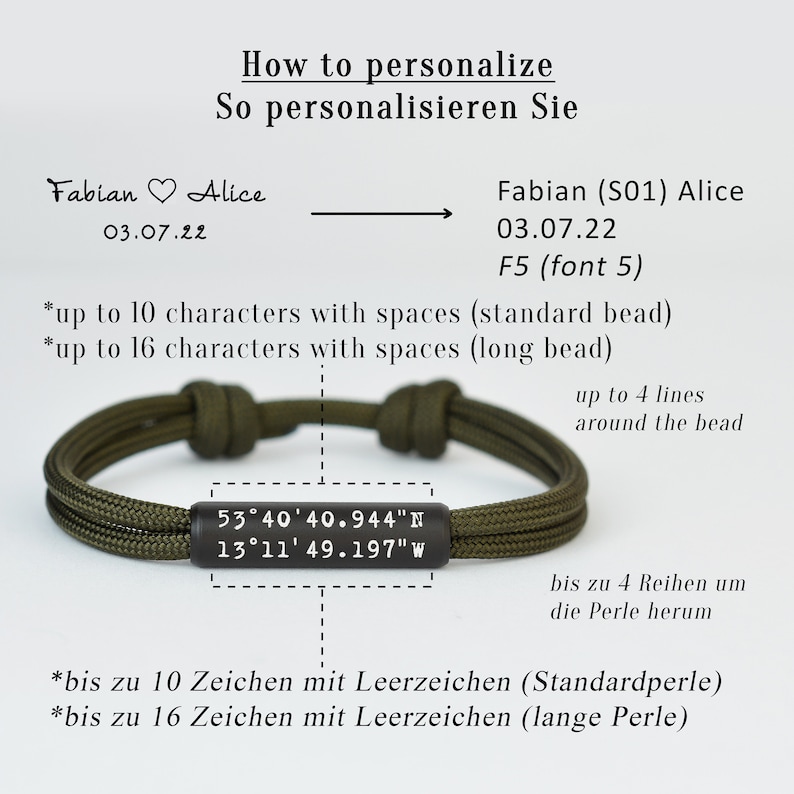 Pu&ograve; includere: Un braccialetto in paracord verde con un perno in metallo nero inciso con le coordinate 53&deg;40'40.944"N 13&deg;11'49.197"W. Il perno pu&ograve; essere personalizzato con un massimo di 10 caratteri con spazi per il perno standard o fino a 16 caratteri con spazi per il perno lungo. Il braccialetto pu&ograve; essere personalizzato con un massimo di 4 righe di testo attorno al perno.