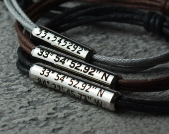 Boyfriend Coordinates bracelet, wax cord Couples bracelet, long distance coordinates bracelets, Men personalized Bracelet, Couples Gift