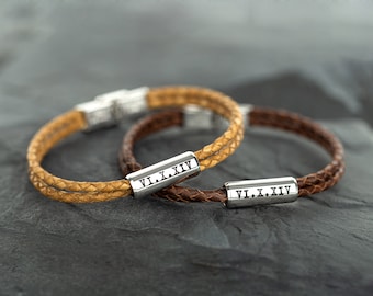 Pulseras de pareja personalizadas, pulseras de pareja a juego, pulseras de fecha de aniversario, pulsera de cuero personalizada para ella, pulsera para él y para ella
