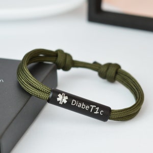 Medische waarschuwingsarmband heren, paracord diabetische armband voor mannen, echtgenoot, vader. Medische ID-armband, bewustzijnsarmband, gelaagdheidsarmband