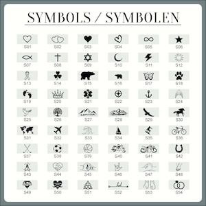 Pu&ograve; includere: Un grafico in bianco e nero con 54 simboli diversi. I simboli sono disposti in una griglia di 6 colonne e 9 righe. Ogni simbolo &egrave; etichettato con un numero da S01 a S54. Il grafico &egrave; intitolato "SYMBOLS/SYMBOLEN".