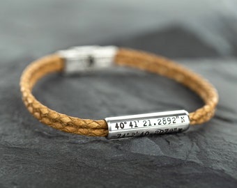 Coordinate bracelet men. Mens coordinate GPS leather Bracelet, Personalized Couples Bracelet. Anniversary gift for boyfriend. Husband