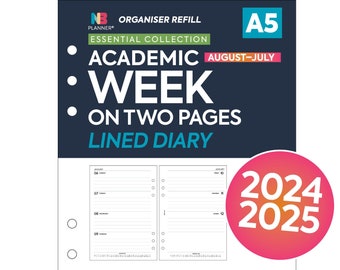 PRINTED A5 Academic 2024–2025 Week on two pages lined diary organiser Insert refill Filofax A5 Compatible Refill Coloured WO2P