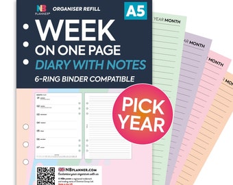 PRINTED A5 2024 2025 2026 Week on one page diary with lined notes pages organiser Insert refill Filofax A5 Compatible Refill Coloured WO2P