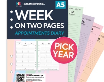 PRINTED A5 2024 2025 2026 Week on two pages Appointments diary organiser Insert refill Filofax A5 Compatible Refill Coloured WO2P