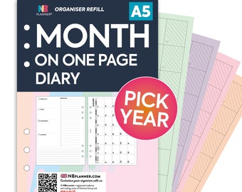 PRINTED A5 2024 2025 2026 Month on one page diary organiser Insert refill Filofax A5 Kikki.K Large Compatible Refill Coloured MO1P