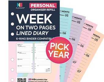 PRINTED Personal 2024 2025 2026 Week on two pages lined diary organiser Insert refill Filofax Kikki.K Large Compatible Refill Coloured WO2P