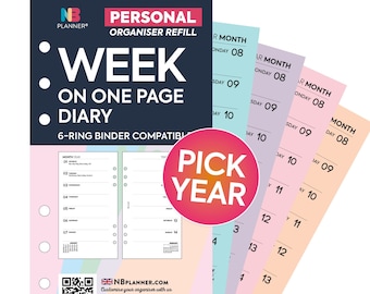 PRINTED Personal size Week on one page diary organiser Insert refill Filofax Compatible Refill Coloured WO1P