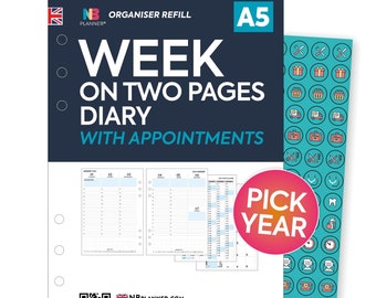 PRINTED A5 size 2027 or 2028 Weekly monthly diary with appointments & stickers 6-ring organiser refill insert