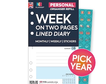 PRINTED Personal size Week on two pages lined diary organiser Insert refill Filofax Kikki.K Compatible Refill Coloured Wo2p