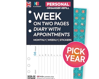 PRINTED Personal size Week on two pages horizontal appointment diary organiser Insert refill Filofax Kikki.K Compatible Refill Coloured Wo2p