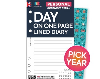 PRINTED Personal size Day on one page lined diary organiser Insert refill Filofax Kikki.K Compatible Refill Coloured Do1p