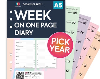 PRINTED A5 Any year Week on one page diary organiser Insert refill Filofax A5 Kikki.K Large Compatible Refill Coloured WO1P