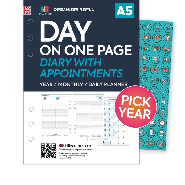 PRINTED A5 Day per page appointments planner 6-ring organiser refill insert daily monthly with stickers