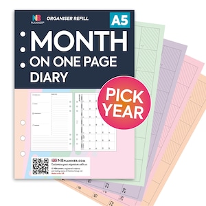PRINTED A5 2024 2025 2026 Month on one page diary organiser Insert refill Filofax A5 Kikki.K Large Compatible Refill Coloured MO1P