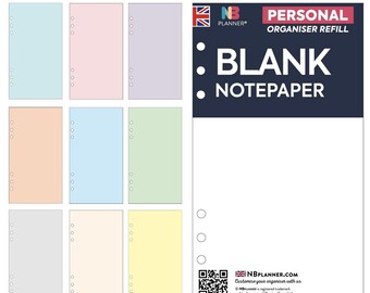 PRINTED Personal size Blank plain notepaper organiser Insert refill Filofax Compatible Refill Coloured