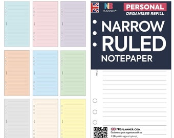 PRINTED Personal size Narrow-ruled notepaper organiser Insert refill Filofax Compatible Refill Coloured