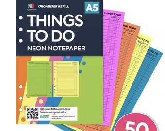PRINTED A5 size neon notepaper Things to do organiser refill FILOFAX A5 Compatible