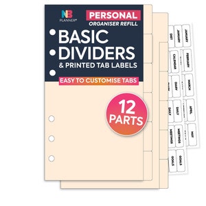 Divisores de cartão de marfim de 12 partes de tamanho pessoal e etiquetas pré-impressas TAB transparentes Filofax pessoal compatível
