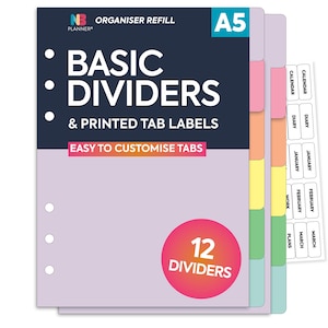 Divisori per cartoncini pastello in 12 parti formato A5 e TAB trasparente prestampato ETICHETTE Compatibile con Filofax A5
