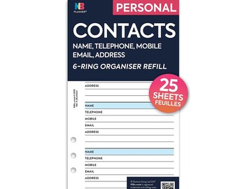 PRINTED Personal size Contacts organiser Insert refill Filofax Kikki.K Compatible Refill