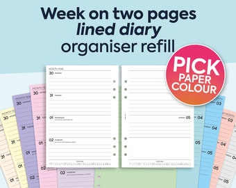 2027 | 2028 PRINTED A5 size Week on two pages lined diary organiser Insert refill Filofax A5 Compatible Refill Coloured WO2P