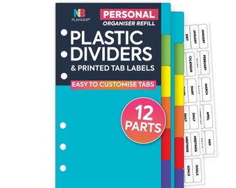 Personal size 12-part rainbow plastic dividers & clear TAB preprinted labels Filofax personal Compatible
