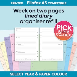 May include: A5 compatible week-on-two-pages lined diary organiser refill. The image shows a variety of paper colours, including pink, blue, green, and yellow. The text "Pick Paper Colour" is in a red circle.