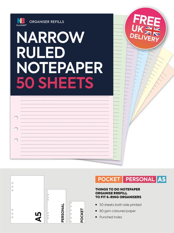PRINTED 50 sheets Narrow Ruled Notepaper Insert A5 Personal Filofax A5 Kikki.K Large Compatible  Refill Coloured
