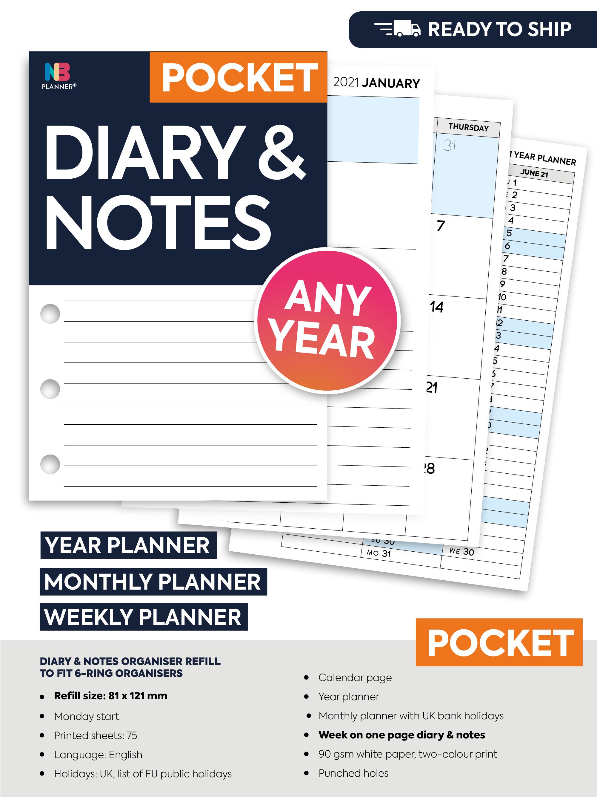 PRINTED Pocket size Any year Diary & notes organiser Insert Etsy